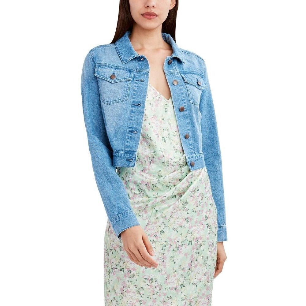BCBGeneration Womens Cropped Denim Jean Jacket Flap Pockets Pleated Back Size XS
